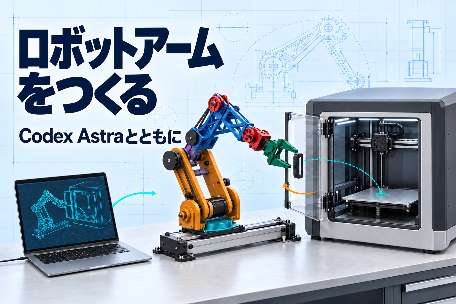 Codex Astraとロボットアームをつくる。淡い青の設計図を背景に、スライド台座上のFORTE型アーム、扉を開けたプリンター、デジタルツインを表示したノートPCが並ぶ。