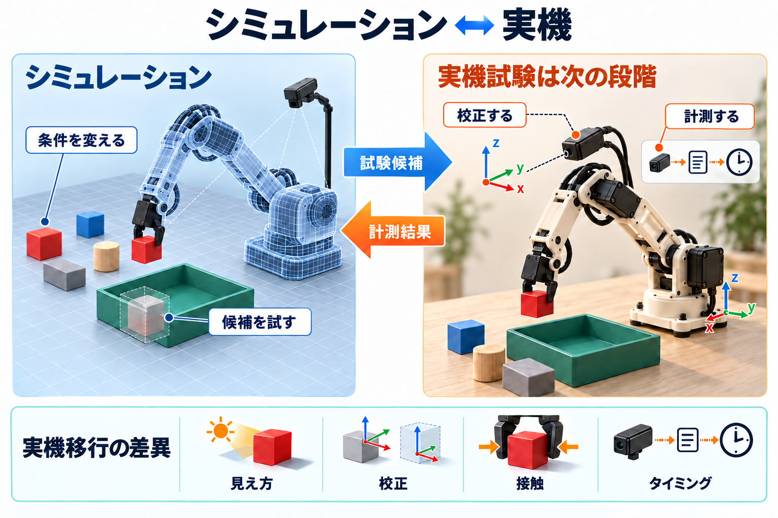 シミュレーションで条件を変えて候補を試す。今後の実機試験ではカメラとアームを校正し、挙動を計測する。候補を実機で試し、計測結果をシミュレーションに戻す。見え方、校正、接触、タイミングは、それぞれ異なる実機移行の課題となる。