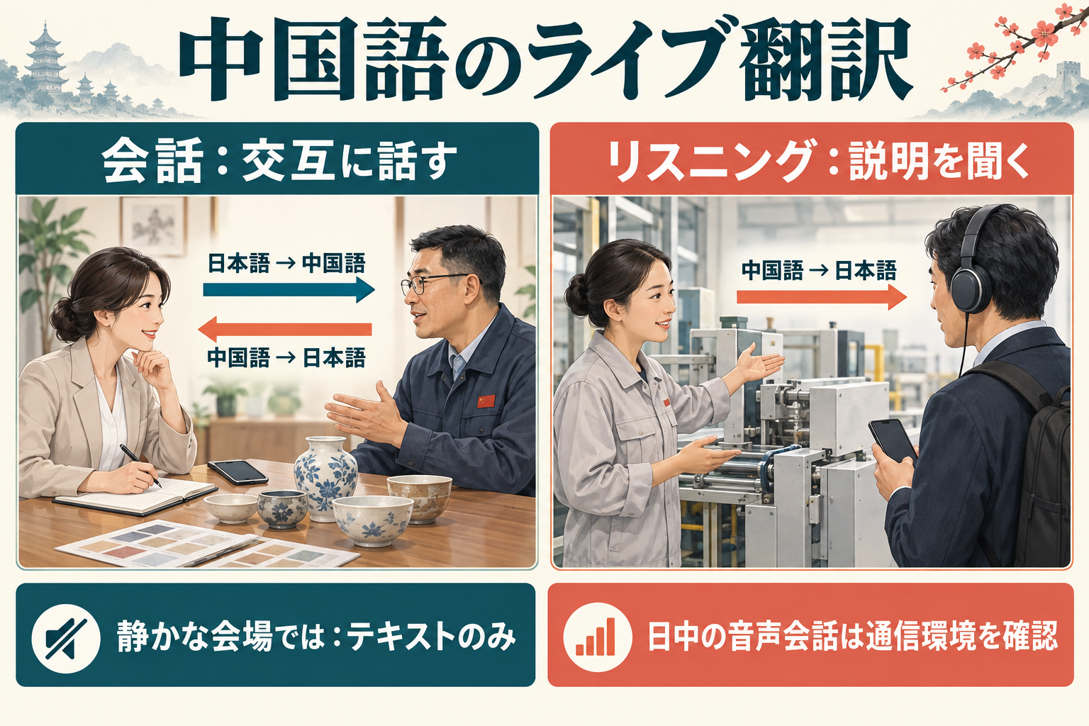 日中の商談では日本語と中国語を交互に訳す会話モード、工場見学では中国語から日本語へ説明を聞くリスニングモード。静かな会場ではテキストのみを選ぶ