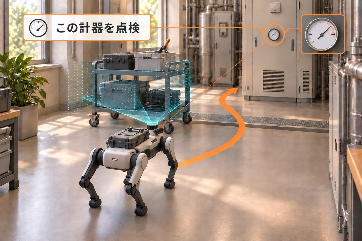 点検作業の構想図。四足歩行ロボットが通路をふさぐ台車を検知し、別の経路を進んで指定された計器を特定する。観測対象の拡大図も示している。