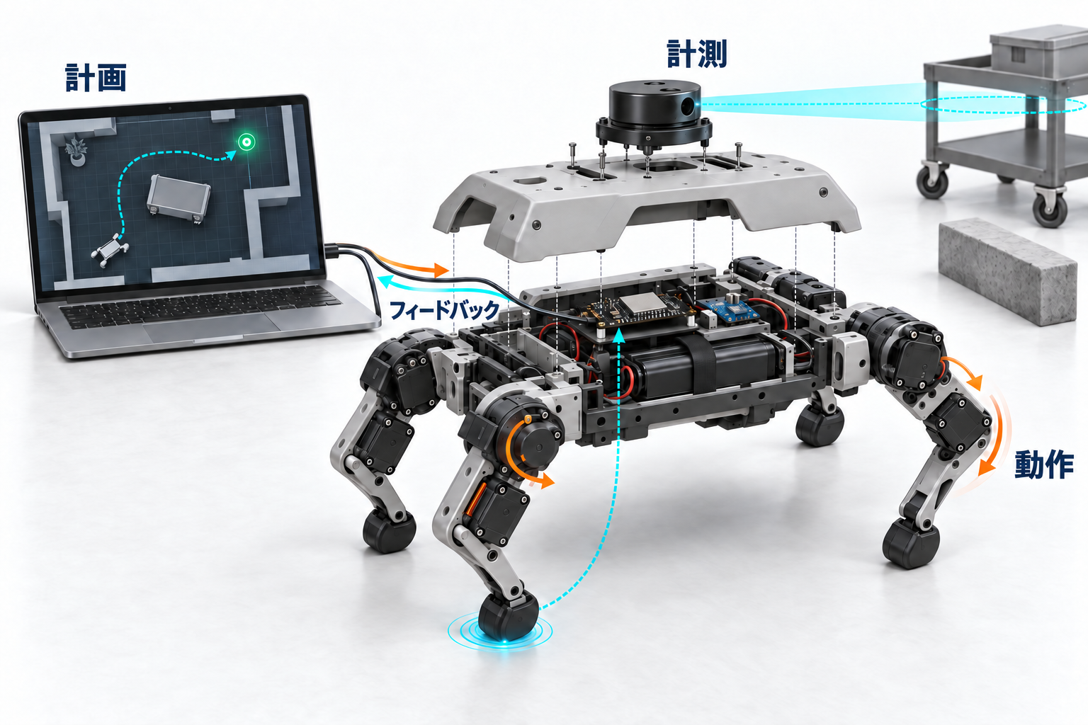 ロボットの構想を示す分解図。ノートPCが台車を迂回する経路を計画し、LiDARが周囲を計測する。搭載電子機器がサーボ関節を駆動し、足と機体の観測結果がフィードバックとして戻る。