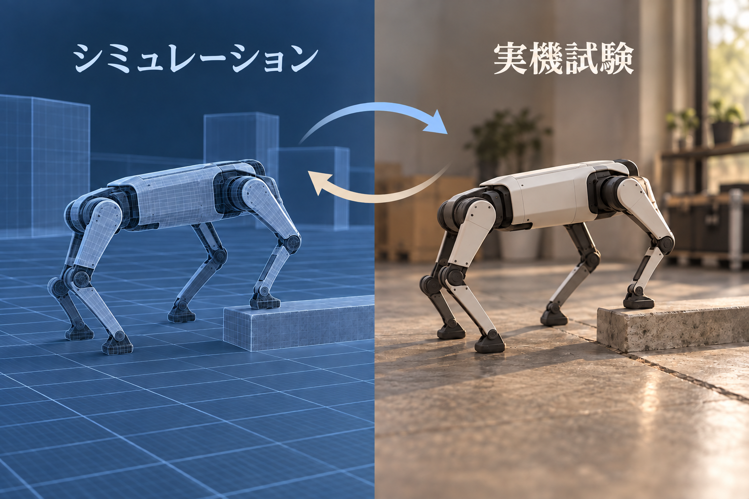 同じ四足歩行ロボットと障害物を、シミュレーションと実機試験で比較する構想図。双方向の矢印は、実機への転用とモデルの改善を表す。