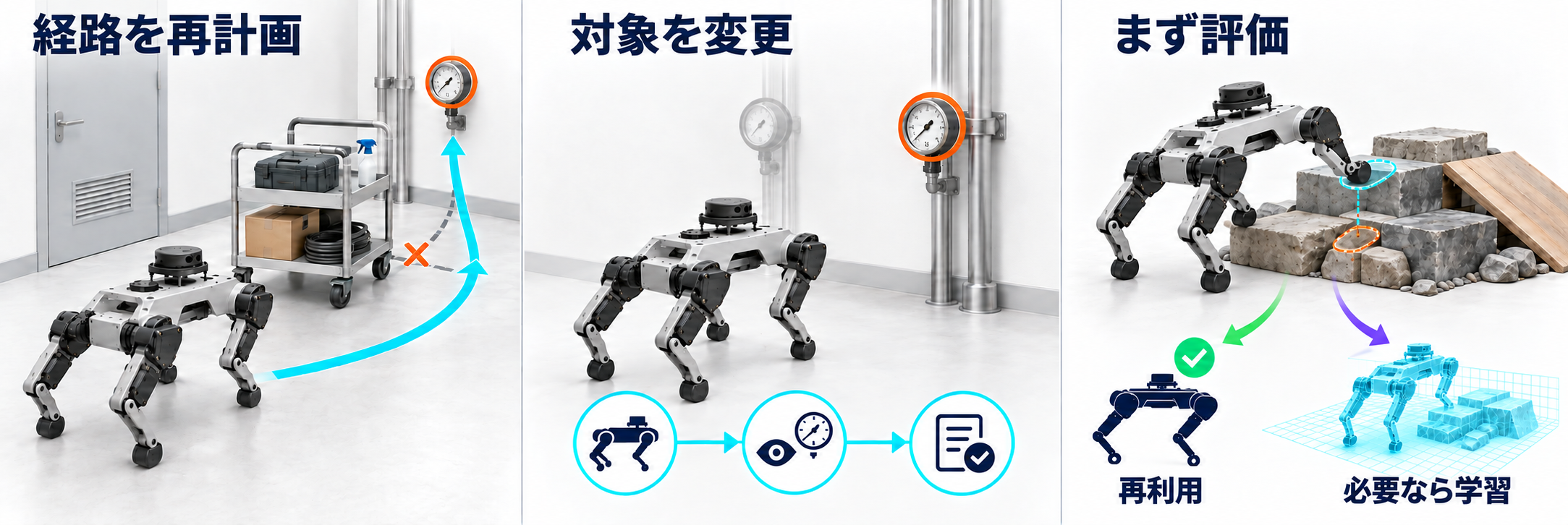 台車を迂回する経路を再計画する。同じ歩く・観測する・報告する手順を別の計器に向ける。地形が変わった場合は実際の移動能力を評価し、再利用するか追加で学習するかを判断する。