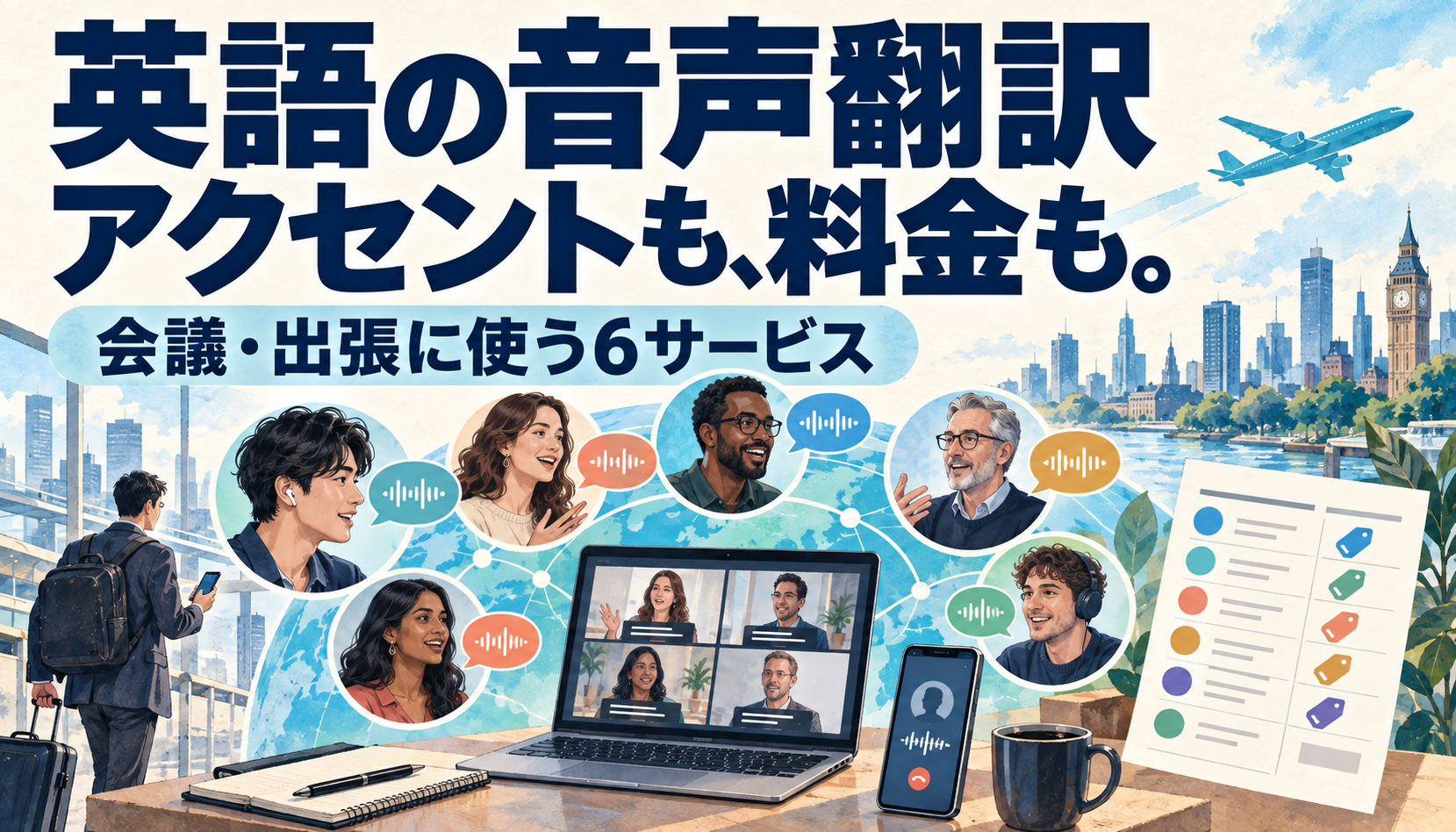 英語の音声翻訳、アクセントも、料金も。会議・出張に使う6サービスの比較を案内する、さまざまな話者と音声波形のイラスト