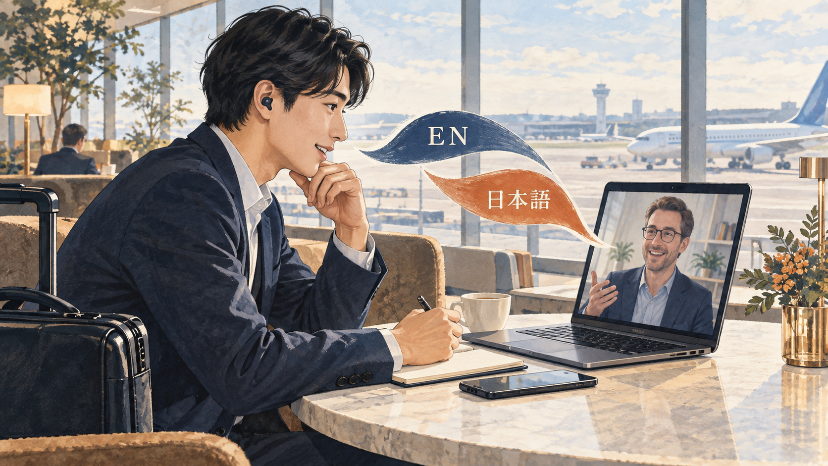 出張先の空港で、ノートパソコン越しに英語と日本語で打ち合わせをするビジネスパーソンのイラスト