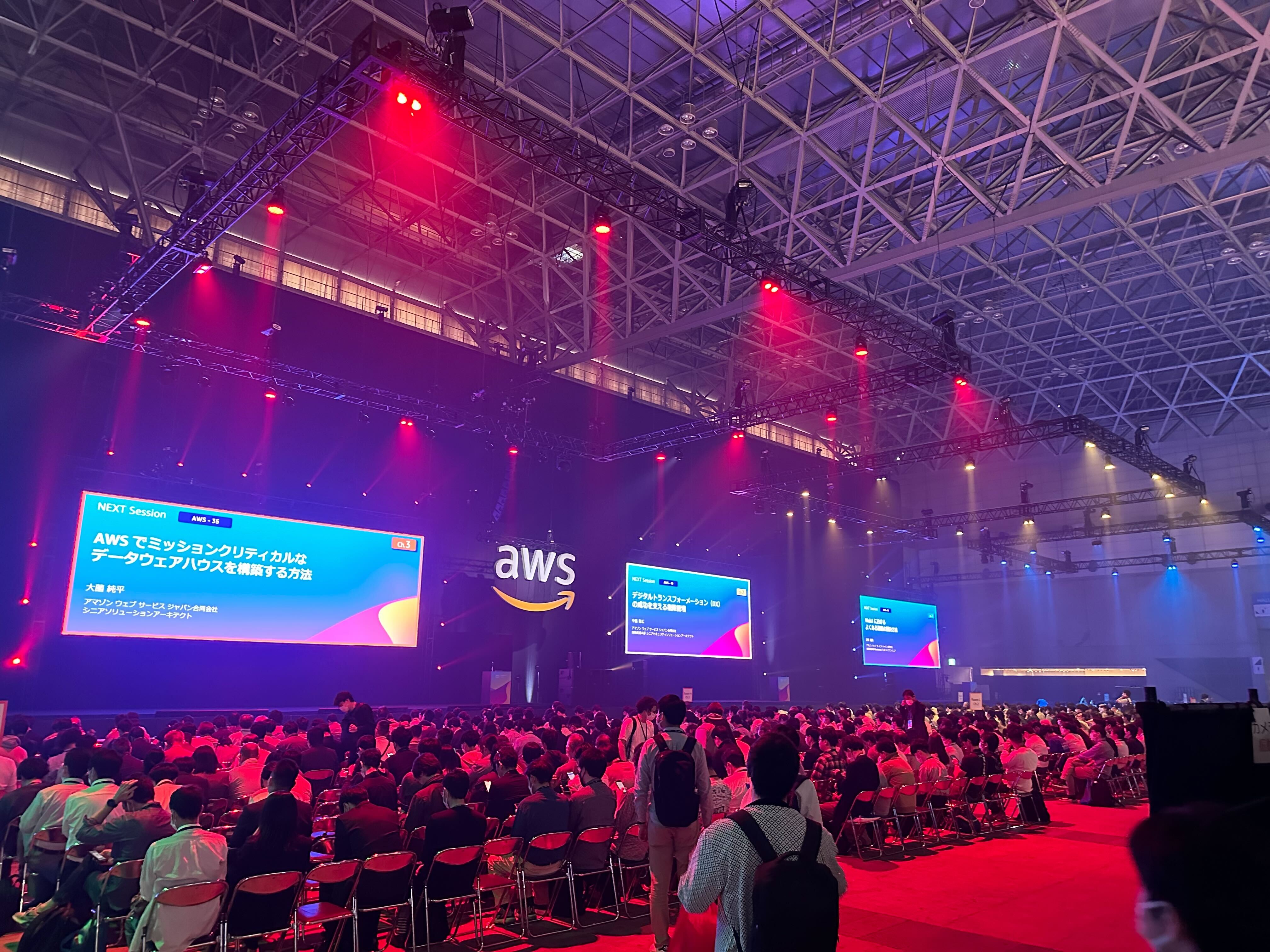 複数のスクリーンと座席が並ぶAWS Summit Tokyoのセッション会場