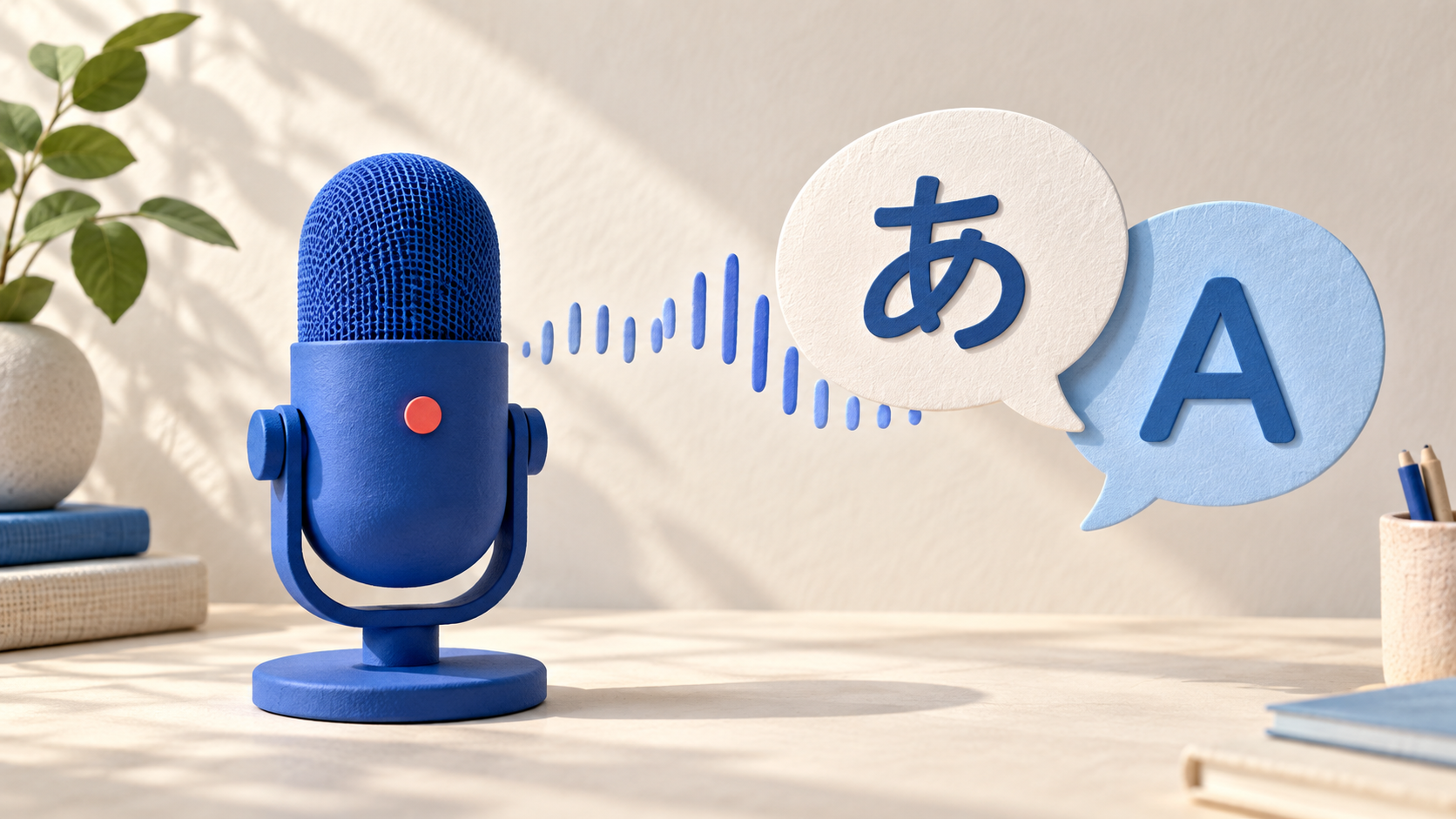青いマイクから音の波が伸び、日本語の「あ」と英語の「A」の吹き出しにつながるイラスト