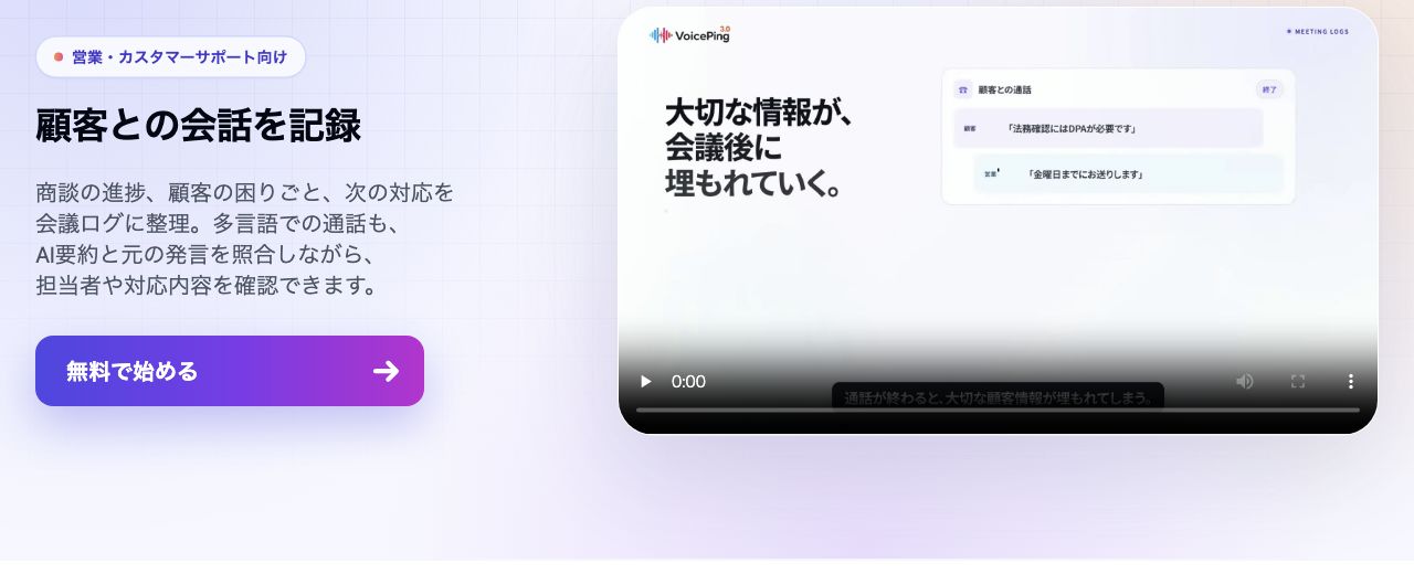 VoicePing会議ログの公式製品ページ。顧客との会話を記録し、AI要約と元の発言を照合する使い方を案内している