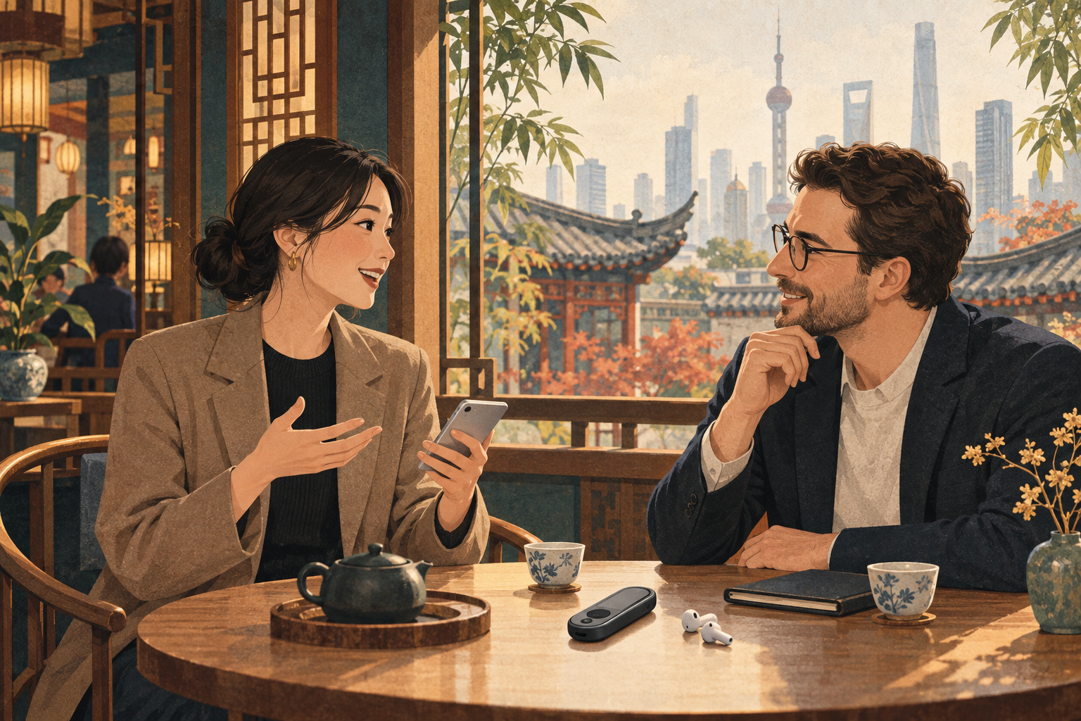 中国の街を望む茶室で、スマートフォンや翻訳機をそばに置いて会話する二人のイラスト