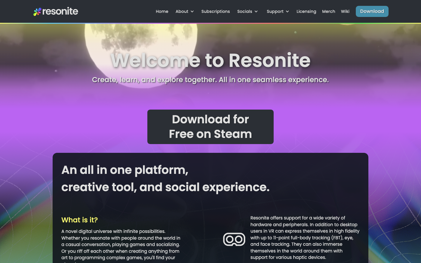 Resonite公式サイトの共同制作とSteam無料ダウンロードの案内