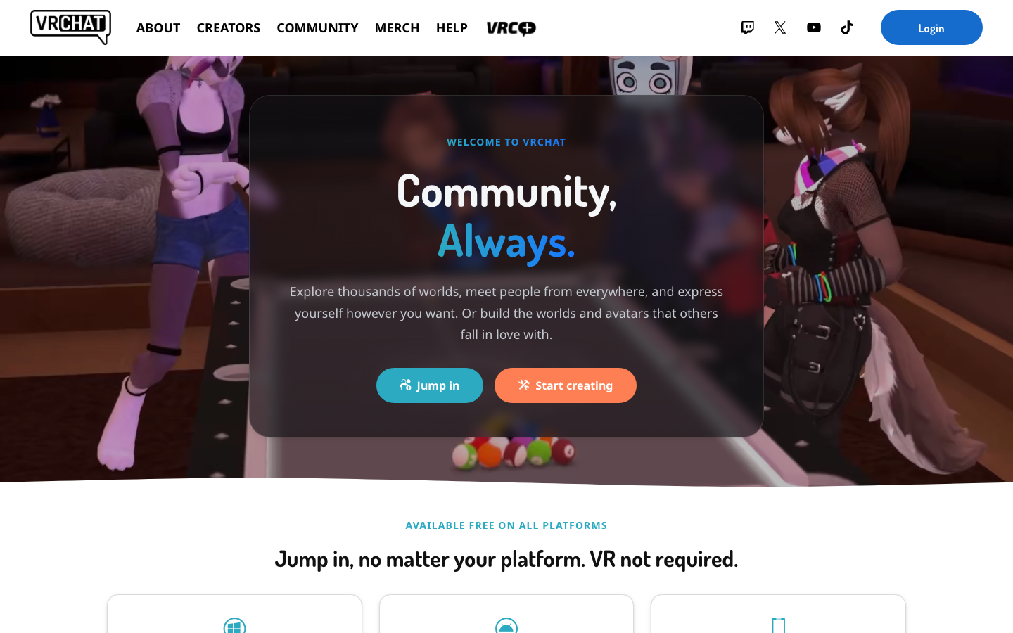 VRChat公式サイトのコミュニティ紹介と参加ボタン
