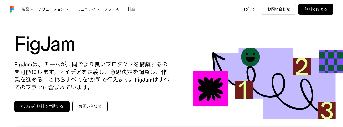 FigJam公式製品ページ。共同でアイデアを整理するツールの紹介