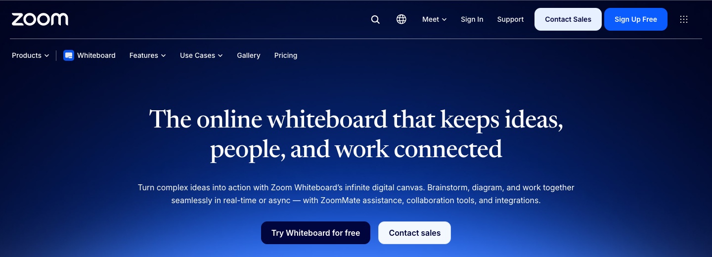 Zoom Whiteboard公式製品ページの見出しと無料利用への案内