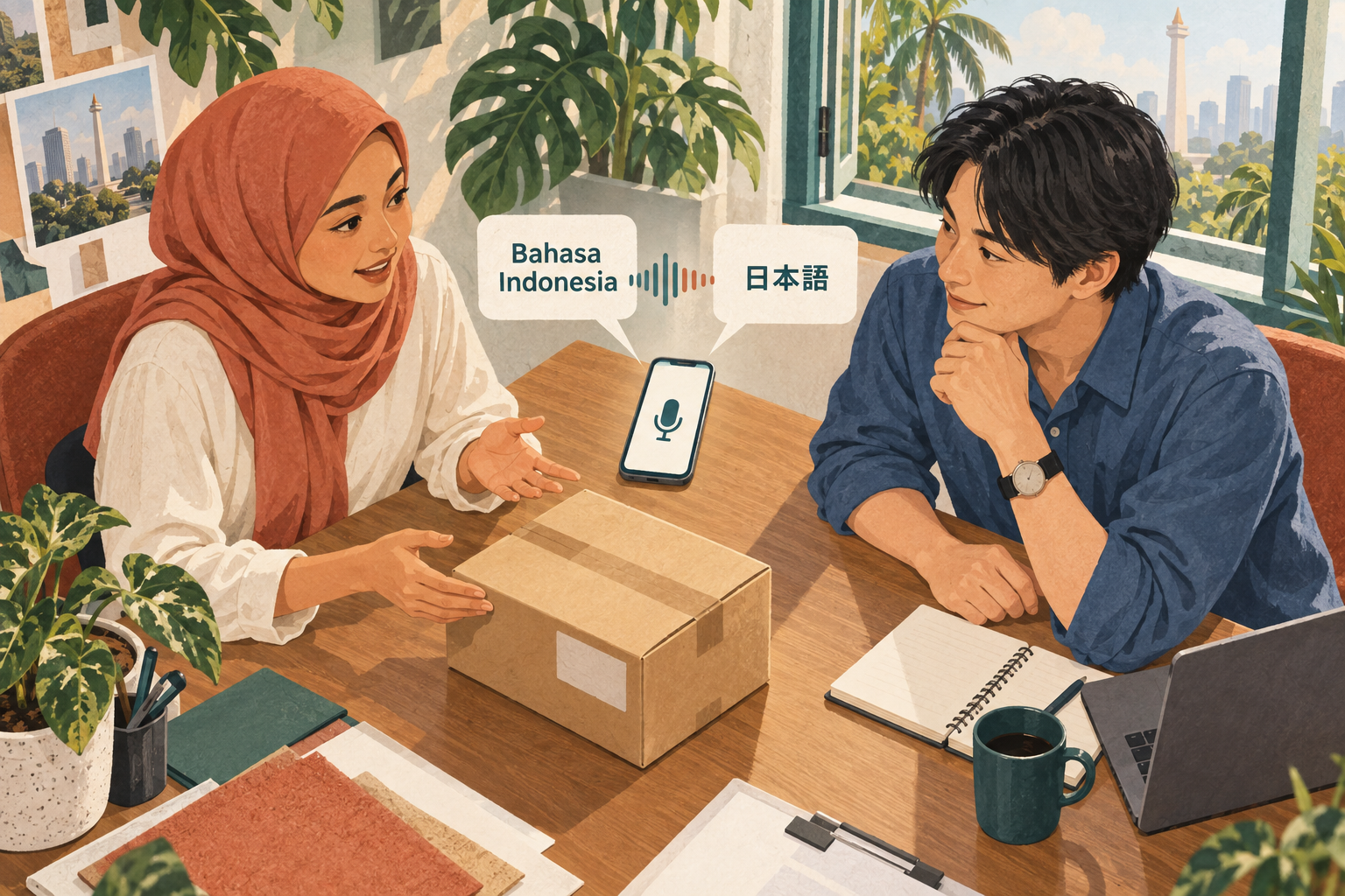 荷物を前にした二人が、スマートフォンを使ってインドネシア語と日本語で話すイラスト
