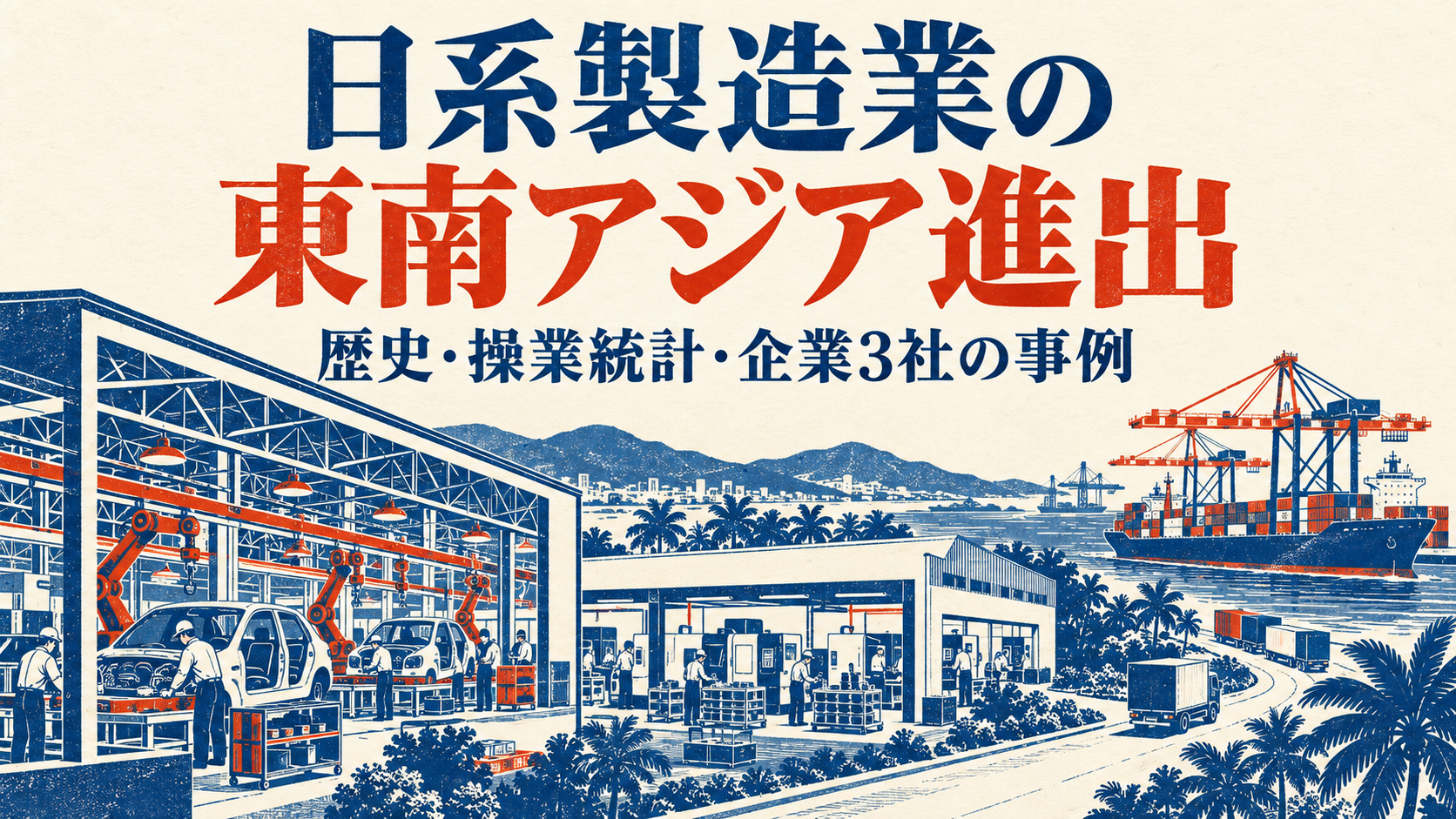 「日系製造業の 東南アジア進出」「歴史・操業統計・企業3社の事例」のコピーと、工場・部品工房・港を青と朱色の版画調で描いた概念図