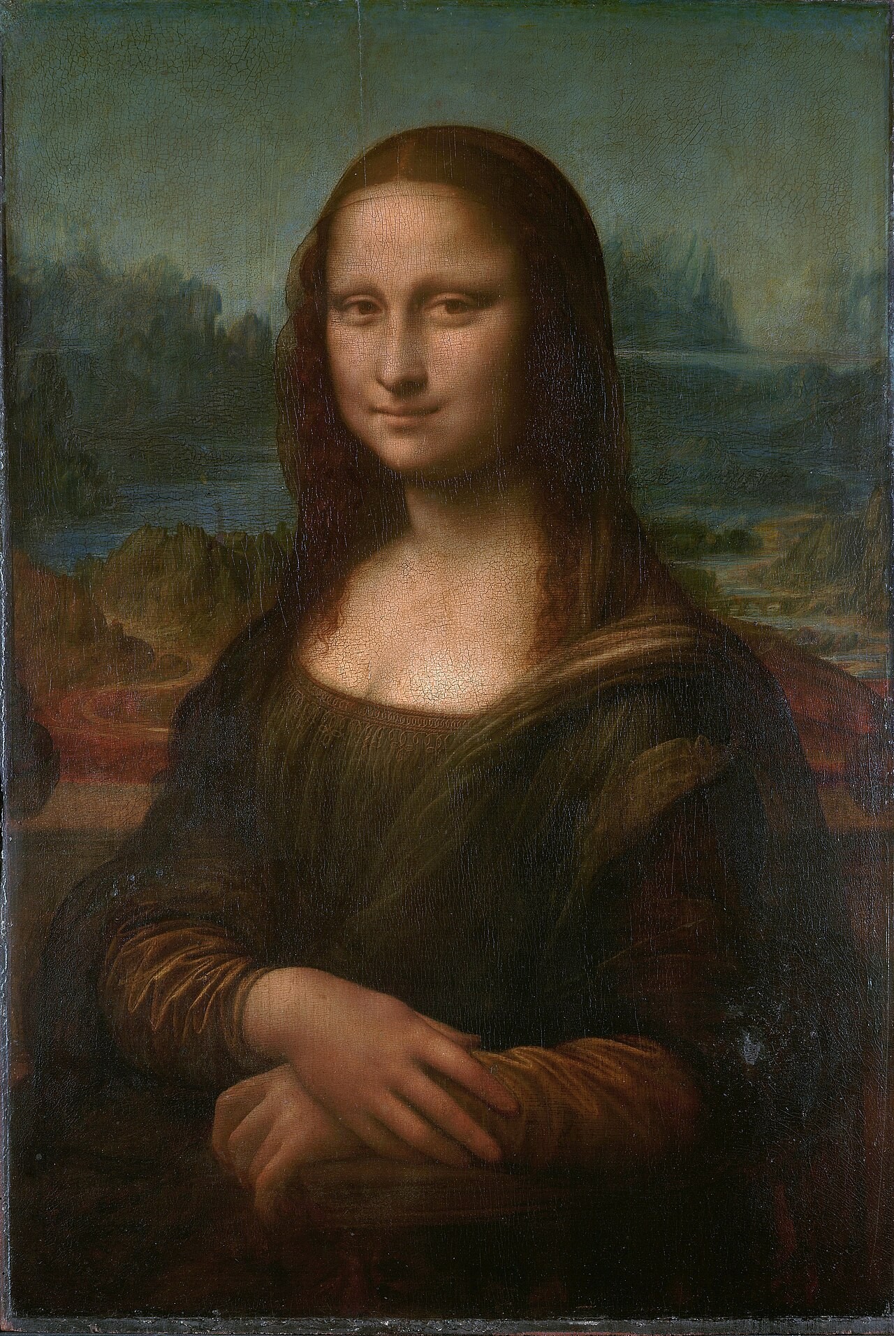 両手を重ね、遠くの風景を背に座る女性を描いたレオナルド・ダ・ヴィンチのモナ・リザ