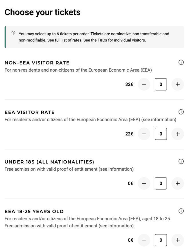 ルーブル公式予約画面のChoose your tickets。NON-EEA VISITOR RATEは32ユーロ、EEA VISITOR RATEは22ユーロと表示されている