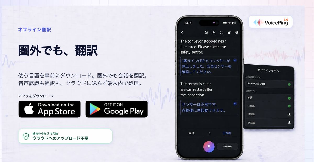 VoicePingのオフライン翻訳製品ページ。スマートフォンに英語と日本語の会話、ダウンロード済み言語モデルが表示されている