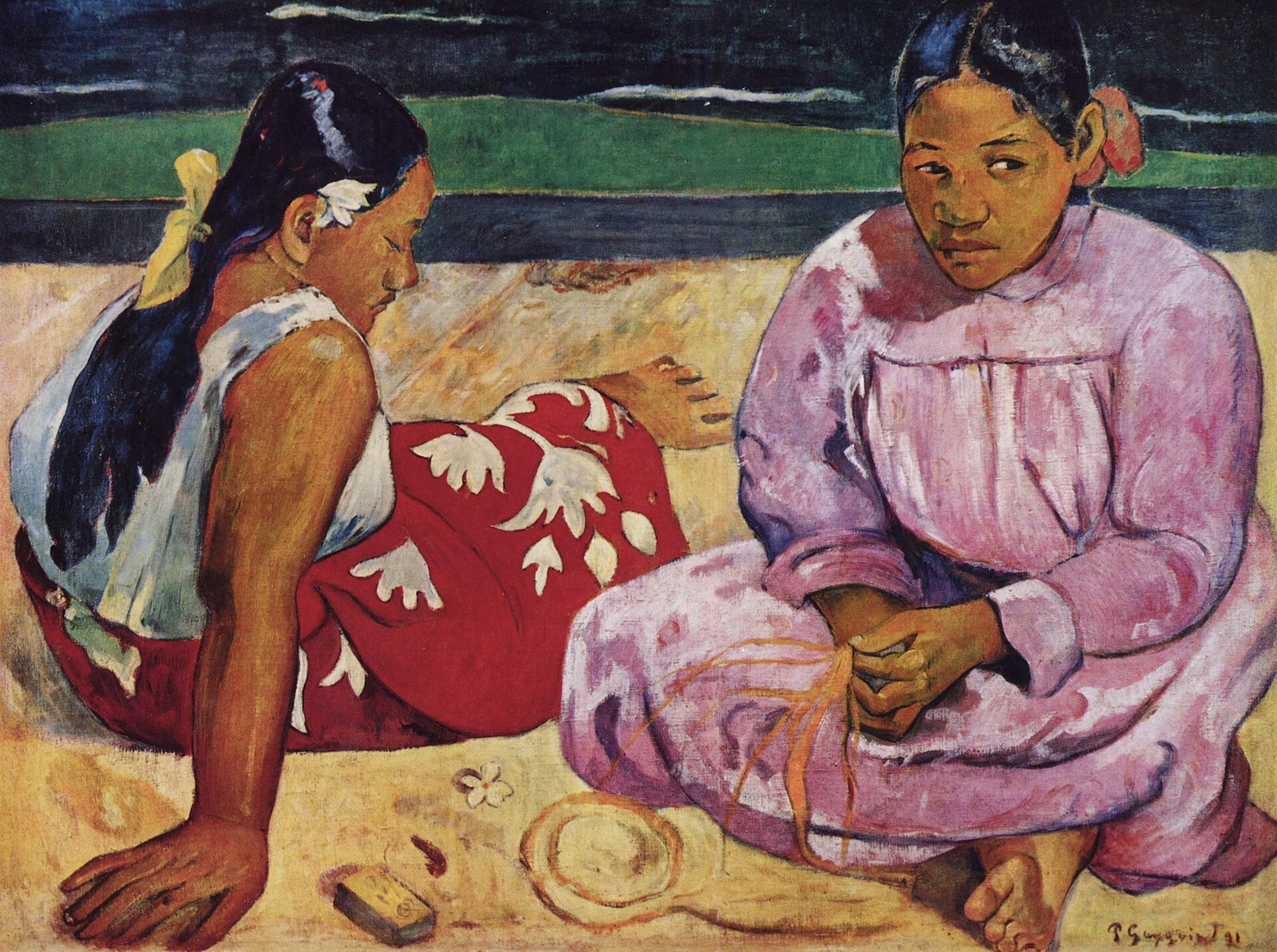 浜辺に座る二人の女性を、赤・桃色・黄色の大きな色面で描いたゴーギャンのタヒチの女たち