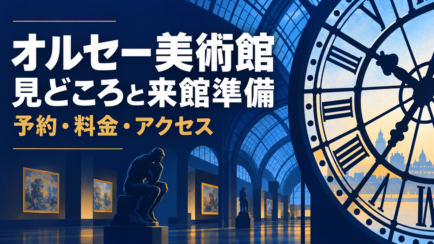 大時計とガラス天井を描いた紺色の表紙。オルセー美術館、見どころと来館準備、予約・料金・アクセス