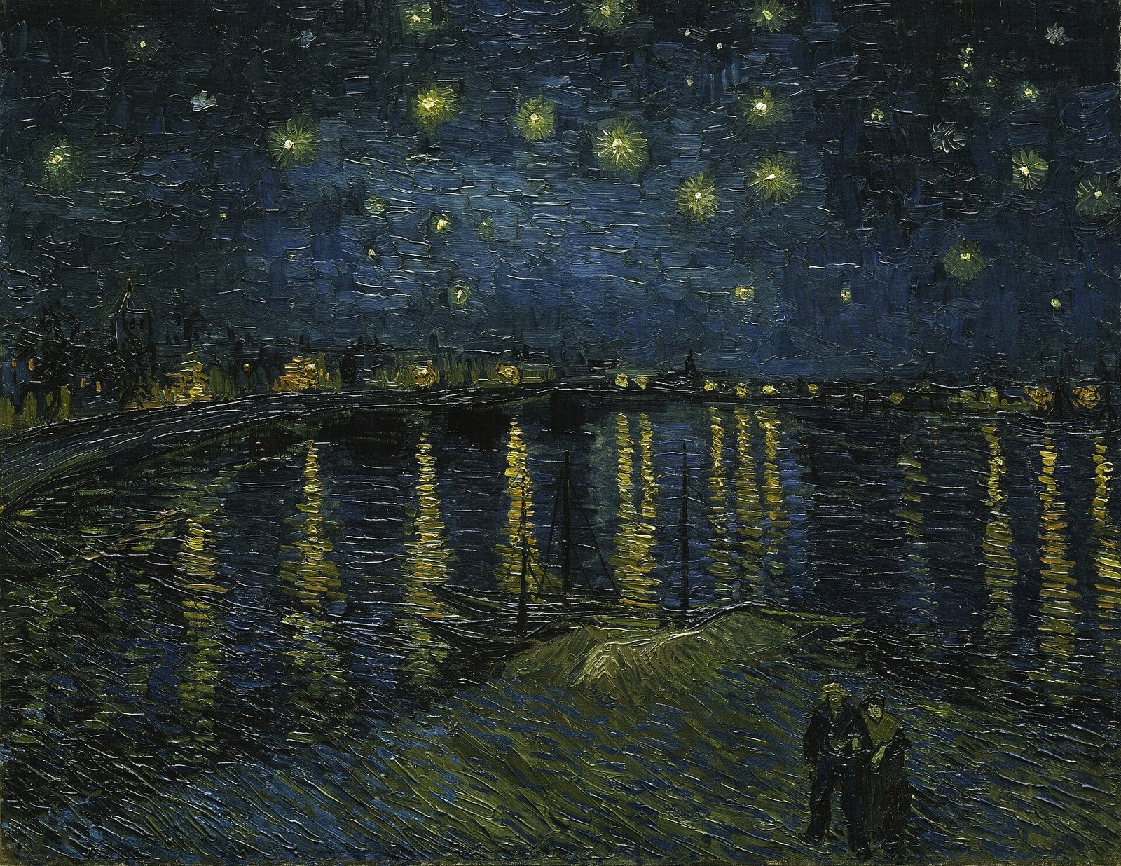 青い夜空の星と、ローヌ川に映る黄色い街灯、手前の二人を描いたゴッホの絵