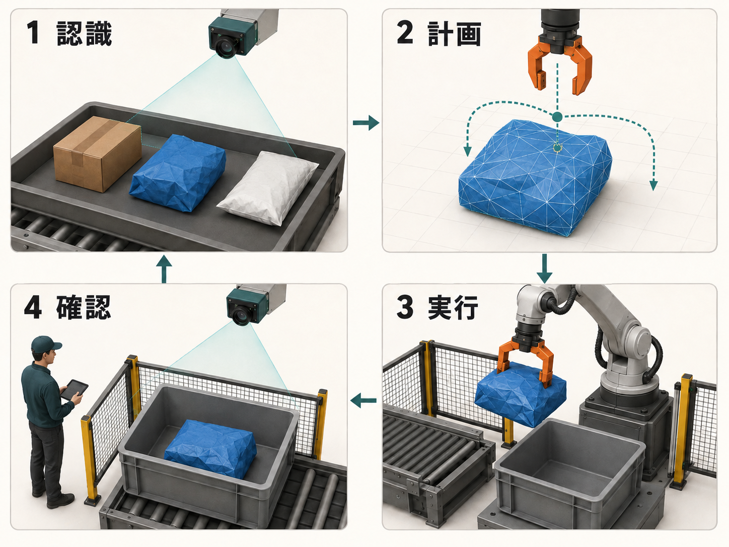 荷物を扱う例で、認識、計画、実行、確認の4段階を示す。例外には人が対応する