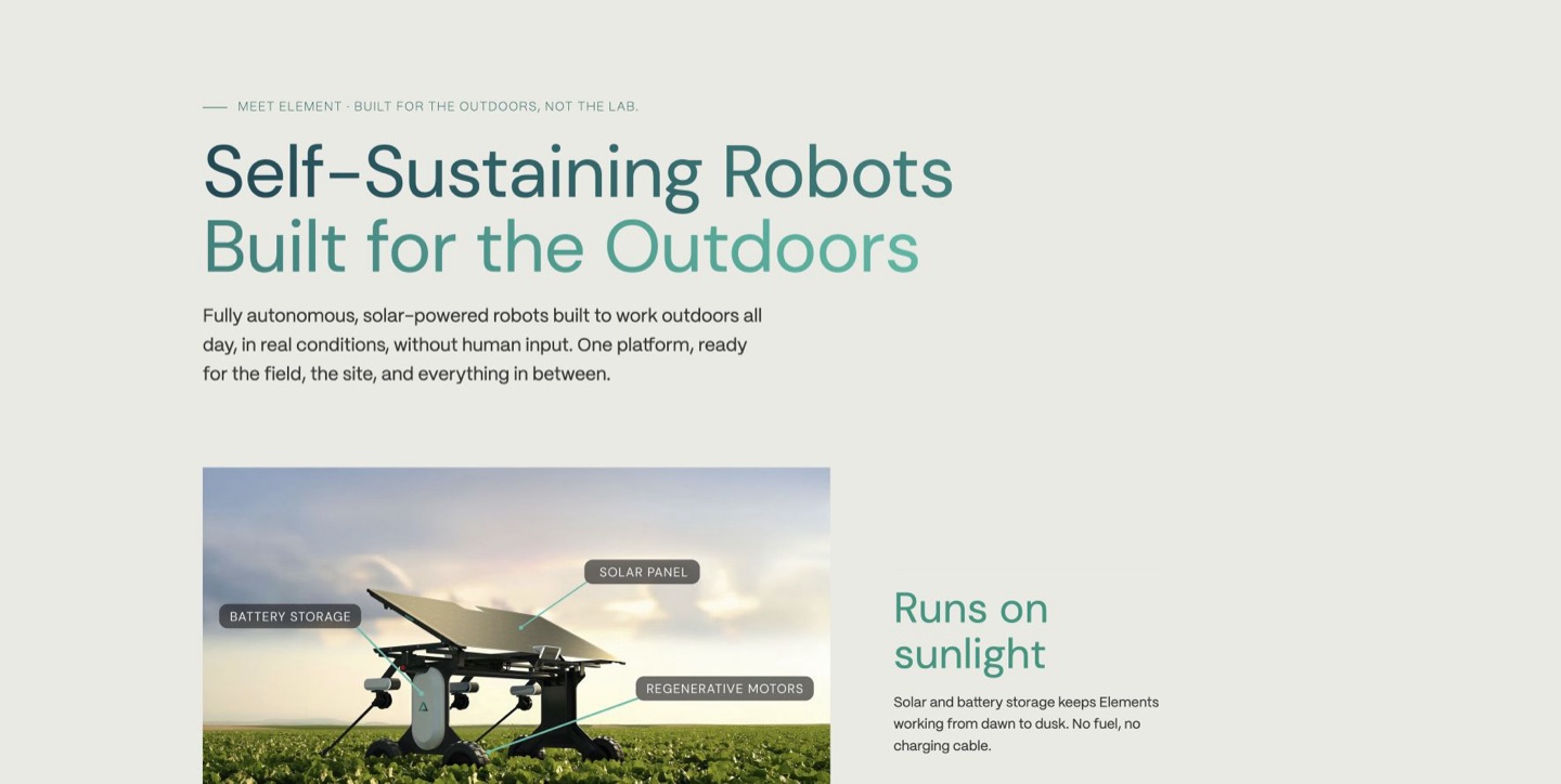農業ロボットElementを掲載したAigenのウェブサイト