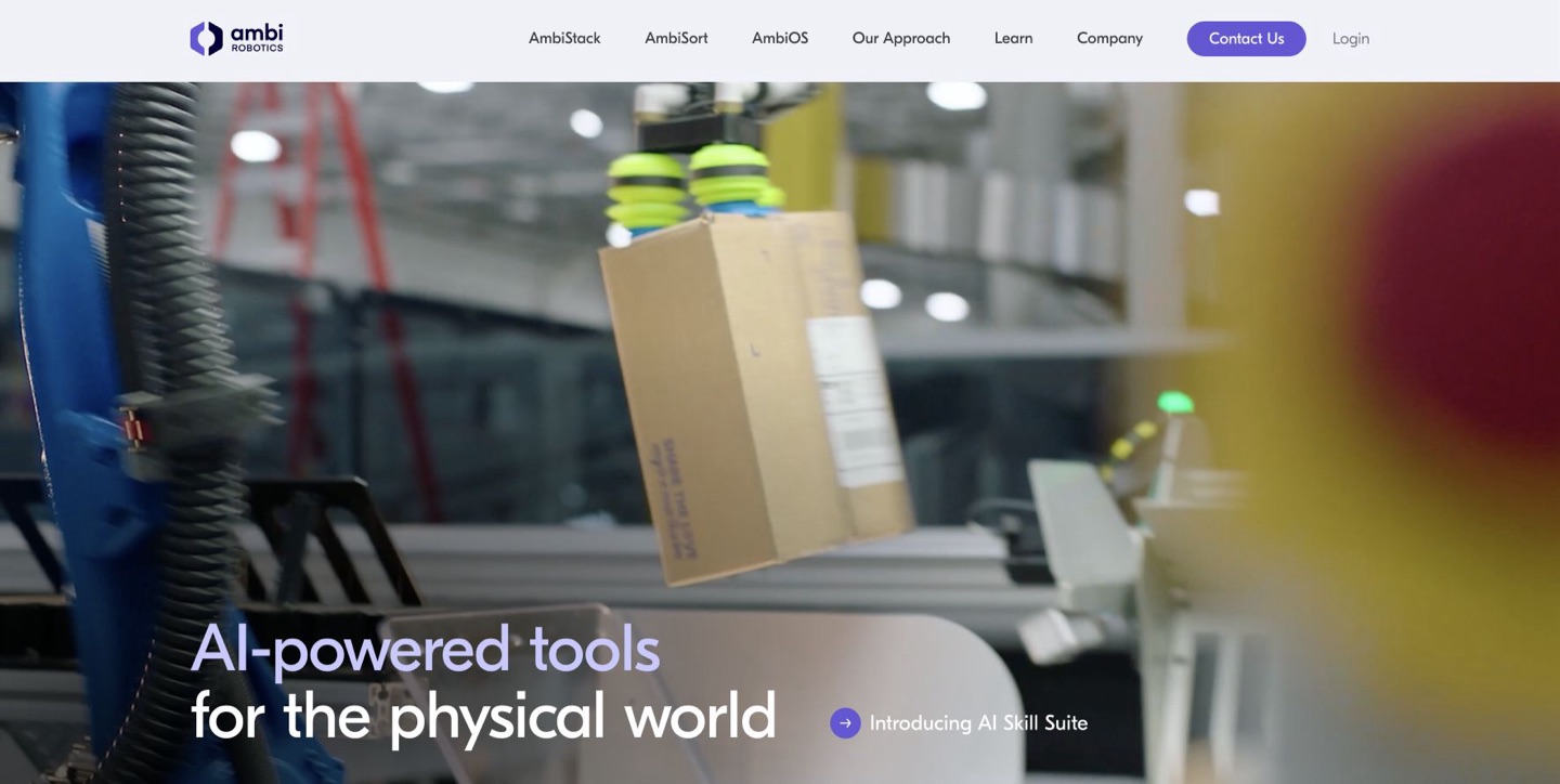 ロボットによる荷物の扱いを示すAmbi Roboticsのウェブサイト