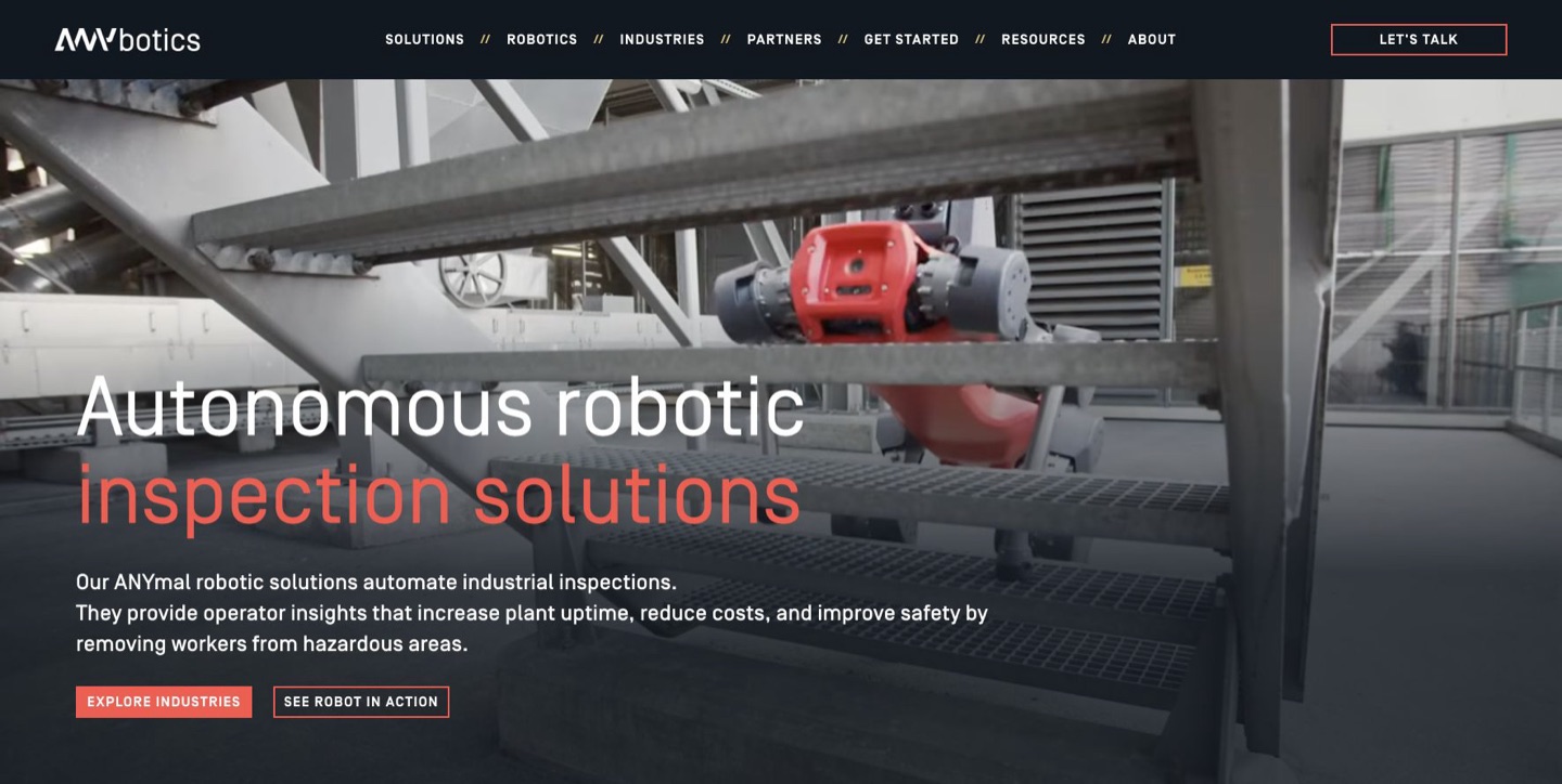 点検ロボットANYmalを掲載したANYboticsのウェブサイト