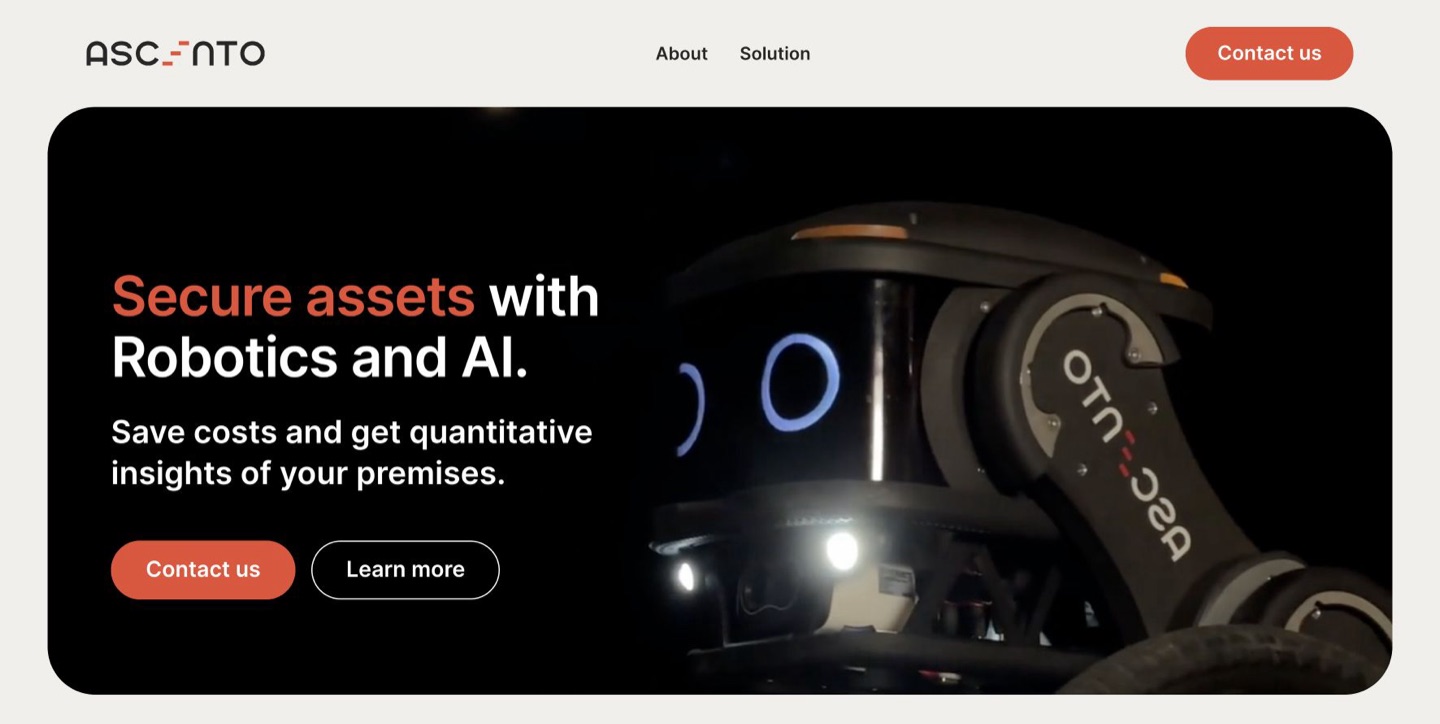 車輪型の警備点検ロボットを掲載したAscentoのウェブサイト