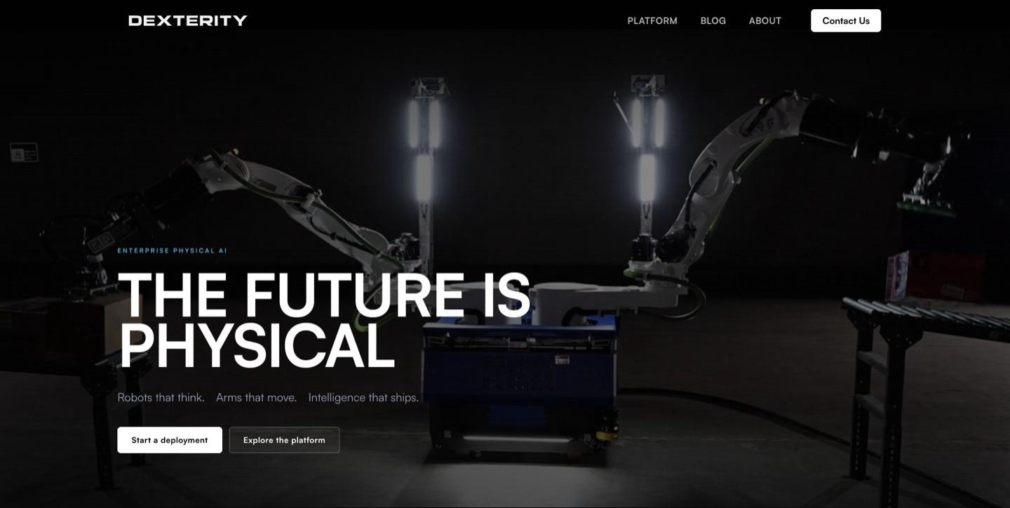 フィジカルAIロボティクスのプラットフォームを紹介するDexterityのウェブサイト