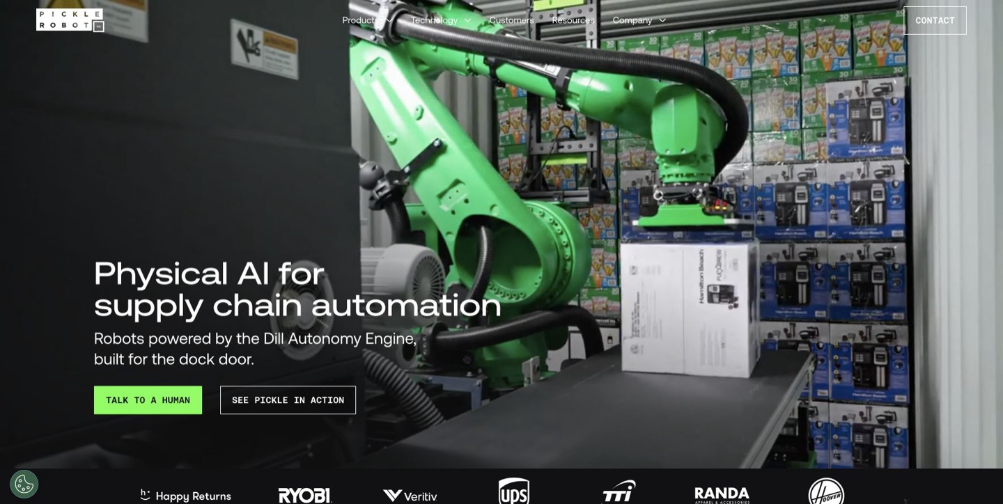 トラックから荷下ろしするロボットを示すPickle Robotのウェブサイト