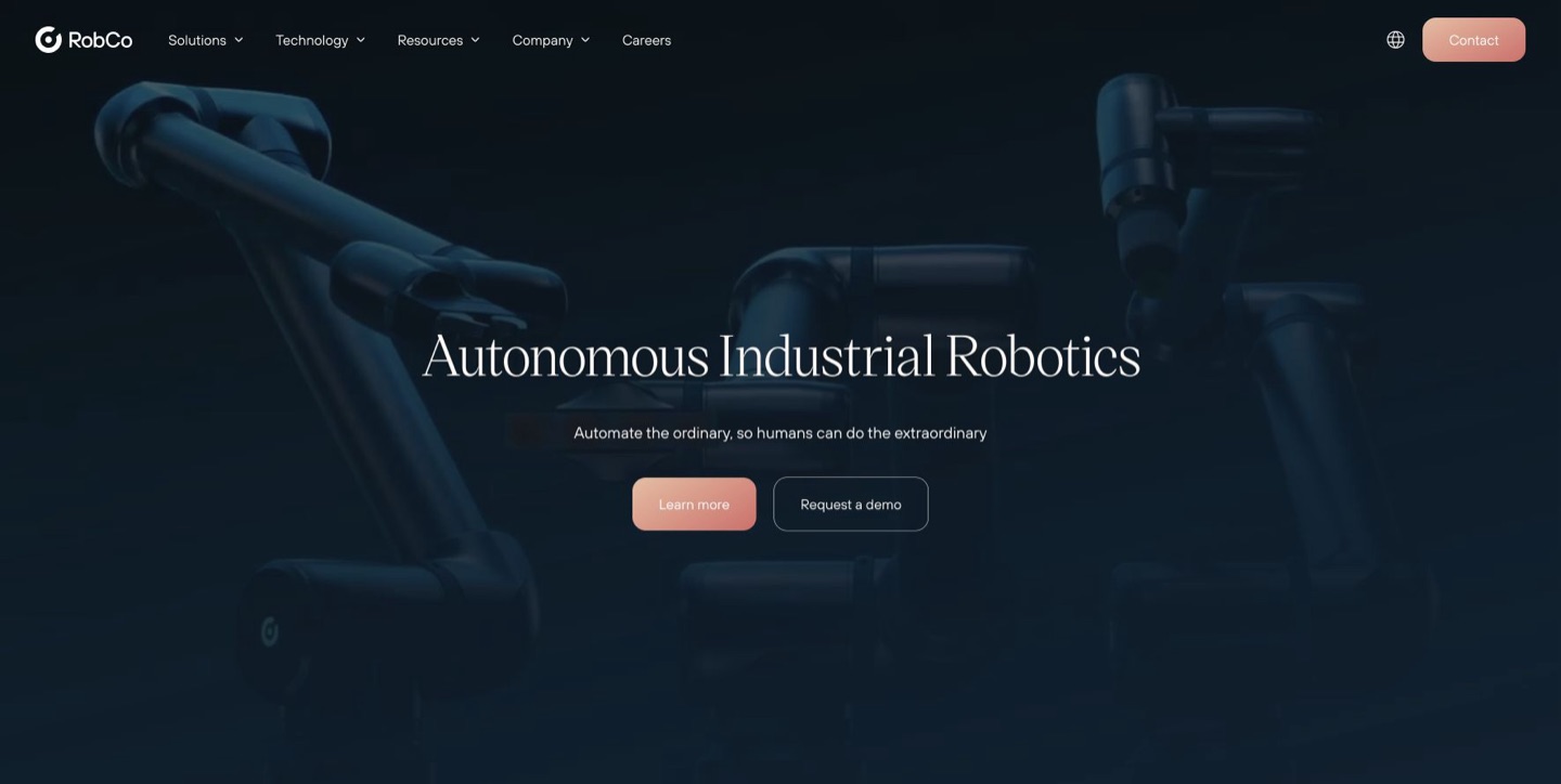 自律型産業ロボティクスを紹介するRobCoのウェブサイト