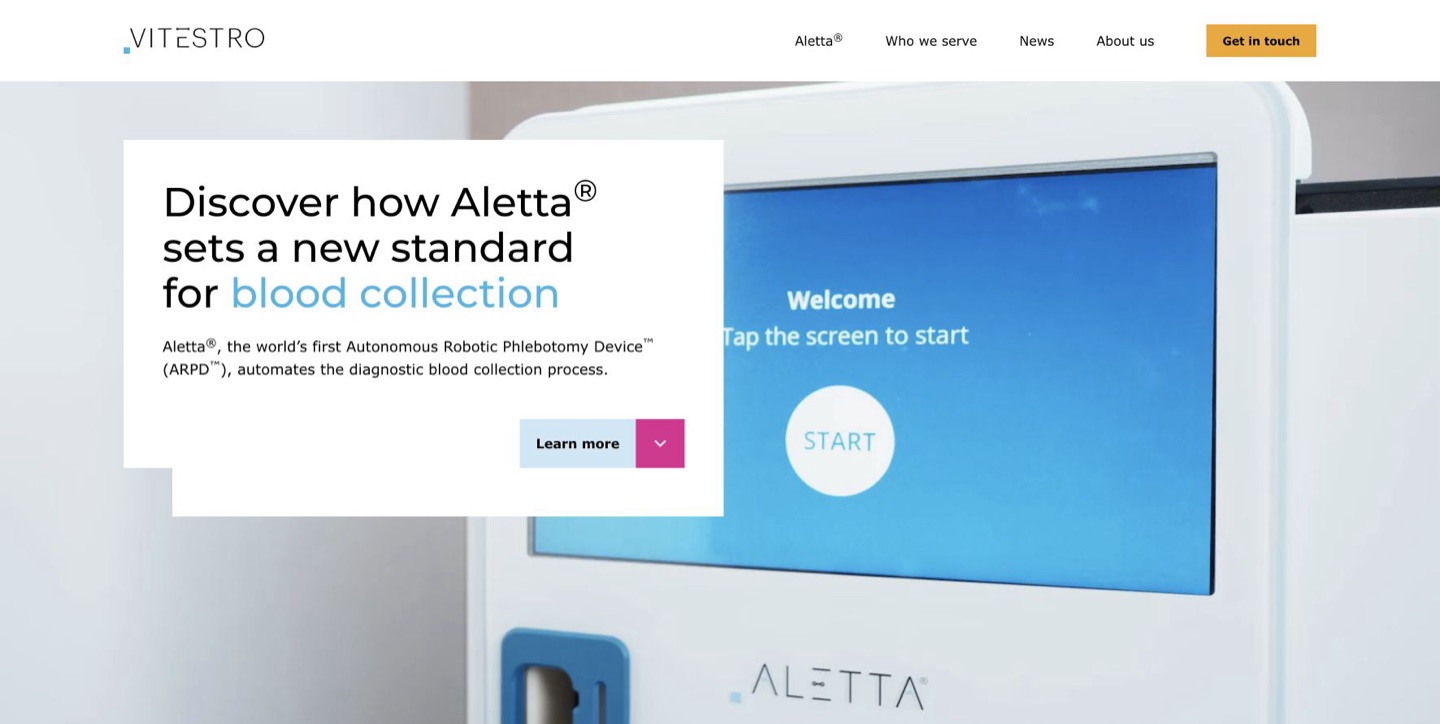 ロボット採血装置Alettaを掲載したVitestroのウェブサイト