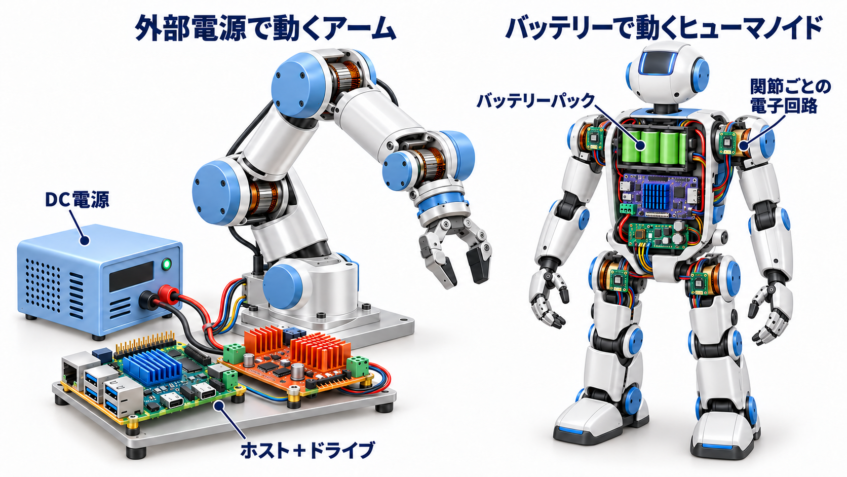 外部電源で動くロボットアームと、関節に電子回路を分散配置したバッテリー駆動のヒューマノイドを比較する概念図。
