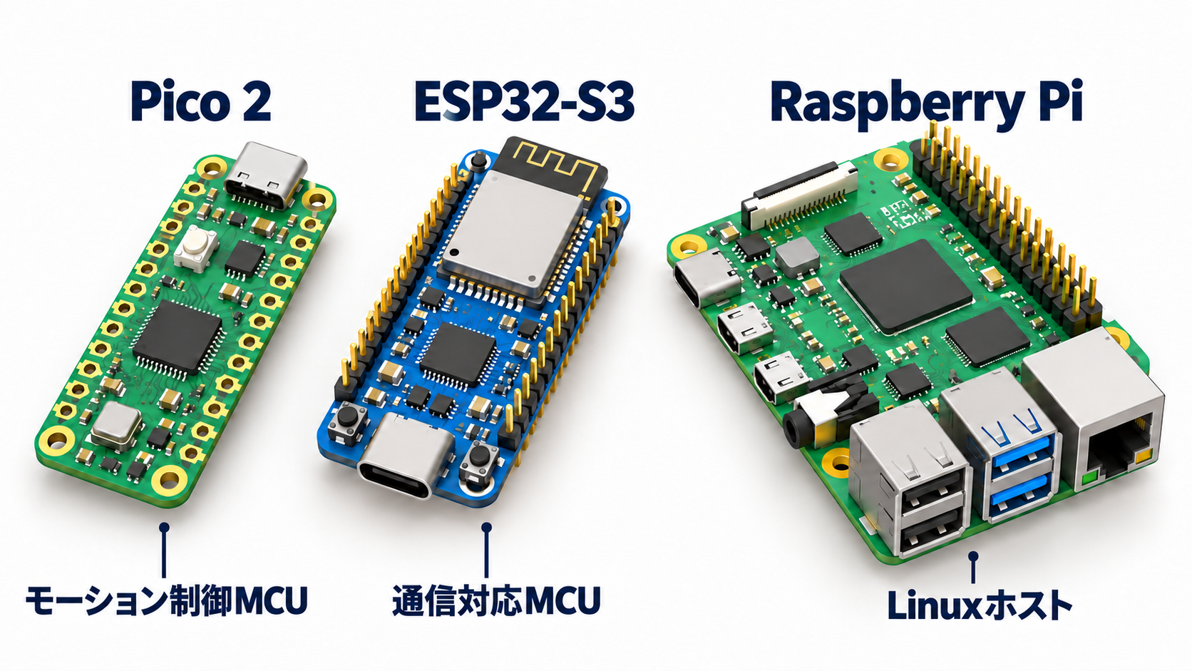 基板の役割を示す図：Pico 2はモーション制御MCU、ESP32-S3は通信対応MCU、Raspberry PiはLinuxホスト。