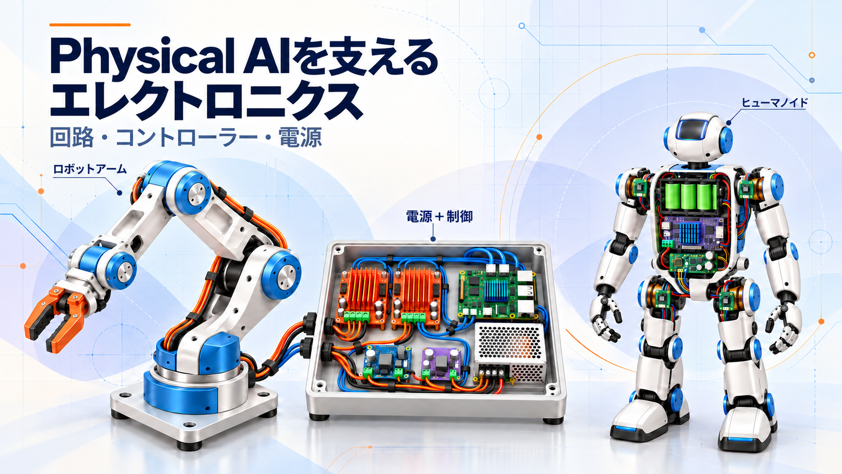 Physical AIを支えるエレクトロニクス:回路・コントローラー・電源。淡い回路模様を背景に、ロボットアーム、制御・電源装置、ヒューマノイドを配置した図。