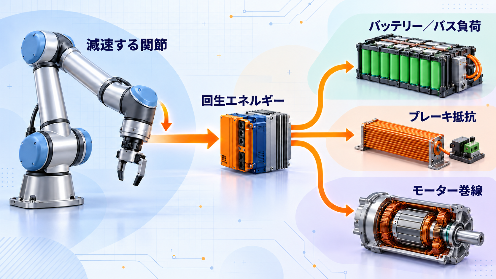 減速するアームからドライブへ戻るエネルギー。行き先の候補として、バッテリーやバス負荷、ブレーキ抵抗、モーター巻線を示す図。
