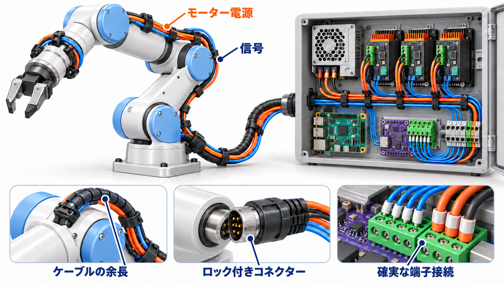 可動部のケーブル余長、分離した電源・信号経路、端子、張力緩和を示すアーム配線の概念図。