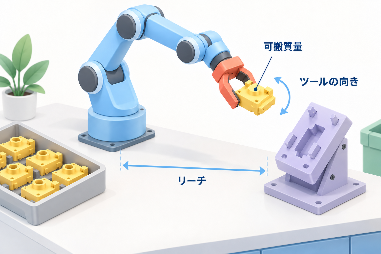 平行グリッパーで位置決め形状のある筐体を持ち、傾いた治具に向けるロボット作業セル。