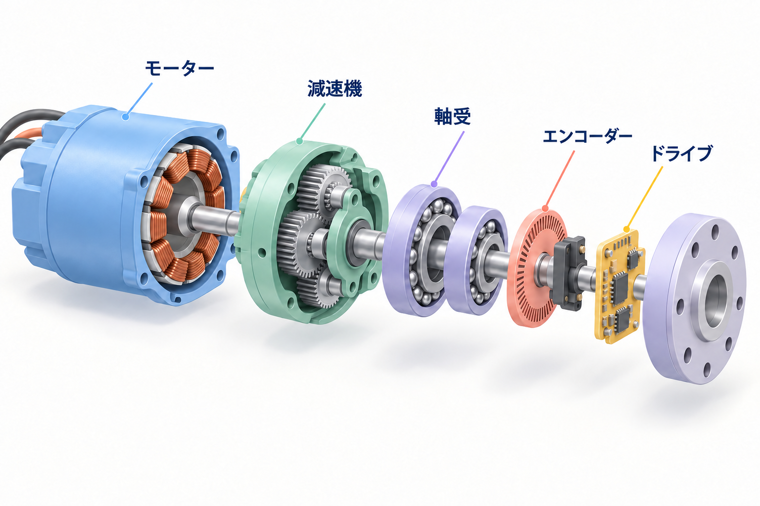 ハウジング、銅巻線のステーター、ローター、減速機、出力軸受、エンコーダー、電子回路を示した回転アクチュエーターの分解図。