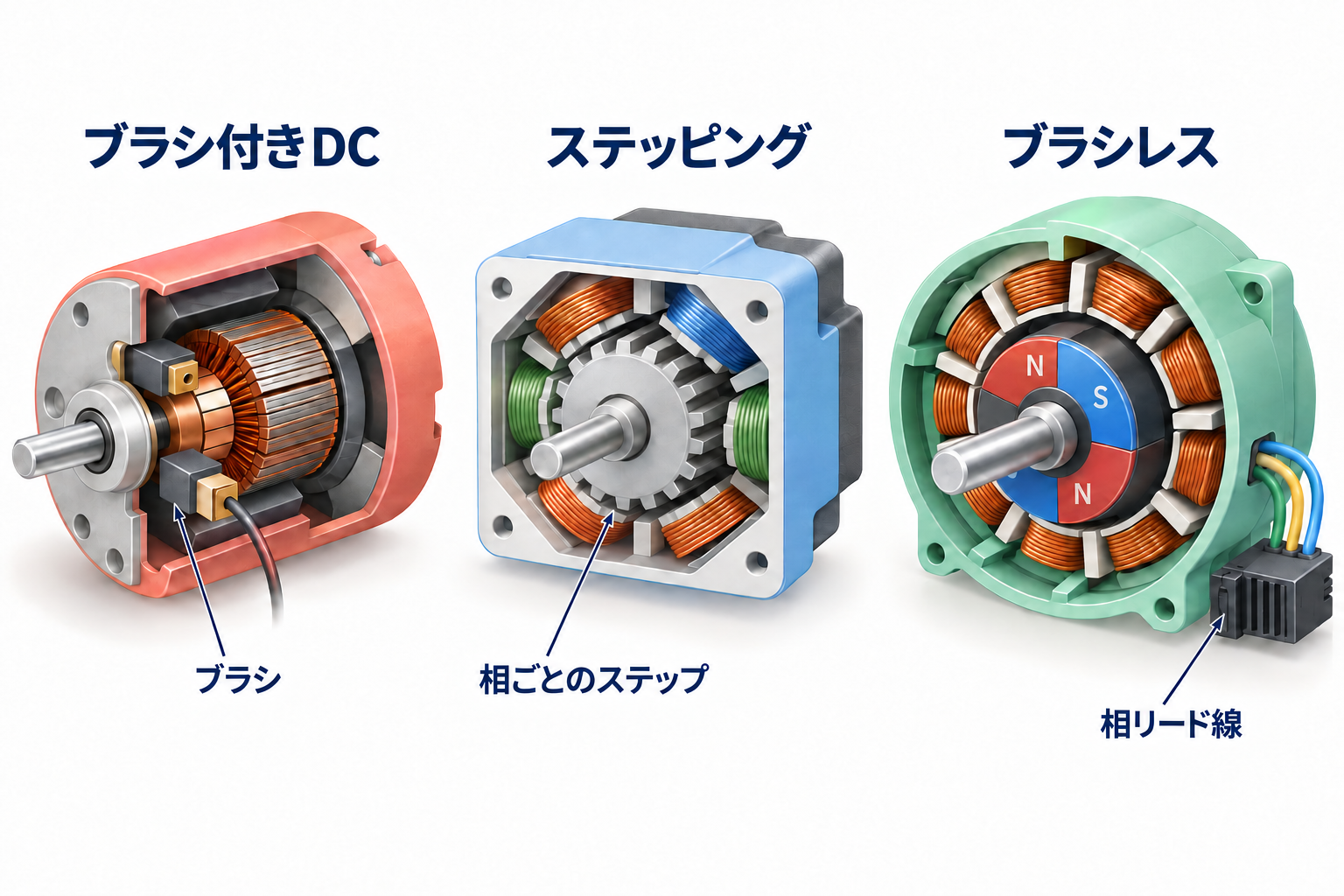 ブラシ付きDC、ハイブリッド型ステッピング、ブラシレス永久磁石モーターの断面比較。