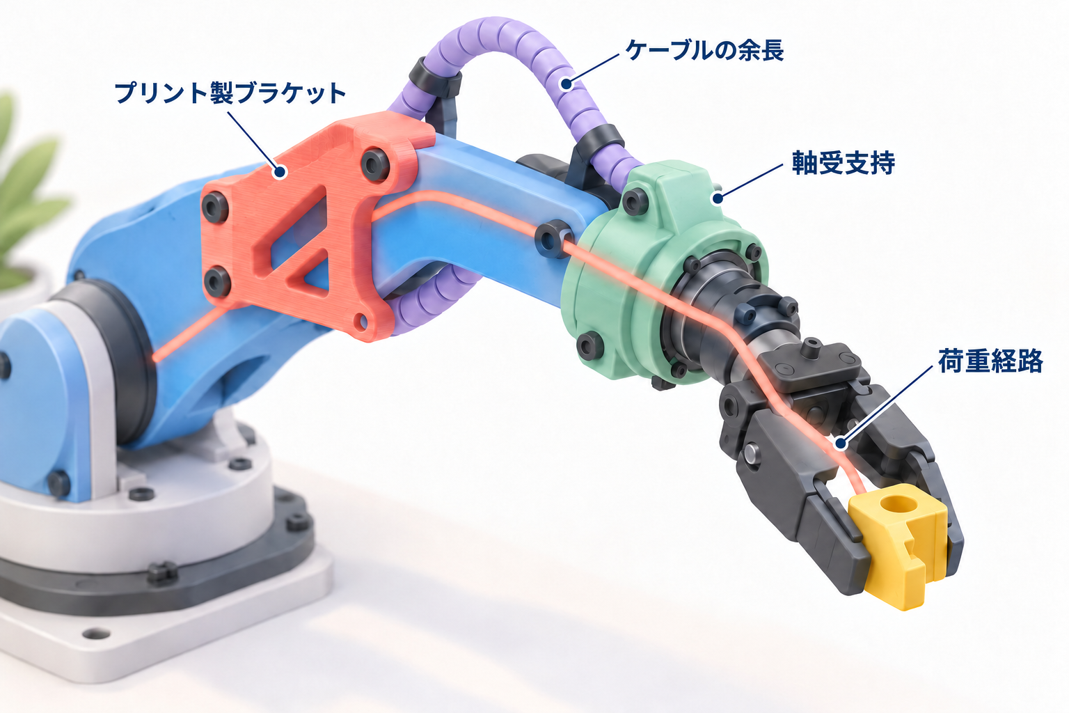 把持した部品からグリッパー、支持された手首、リブ付きブラケット、アームリンクへと続く荷重経路と、ケーブルの余長ループを示したロボット前腕。