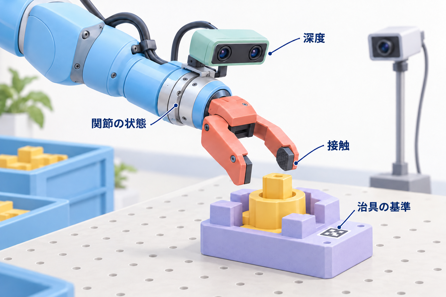 治具の周囲にあるロボットの手首、ステレオカメラ、触覚フィンガー、力・トルクセンサー、固定俯瞰カメラ。