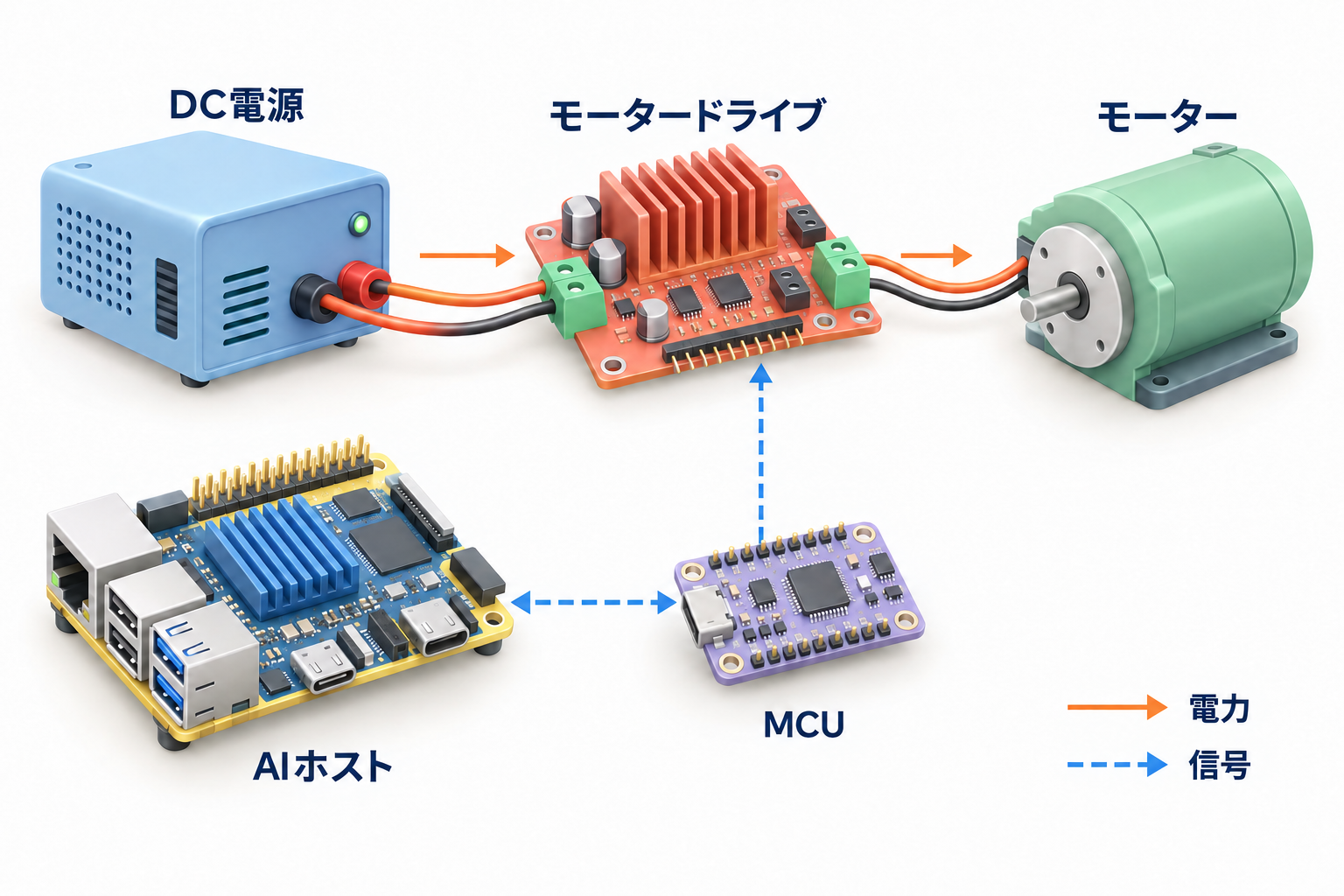 DC電源からモータードライブとモーターへ給電し、別の信号経路でマイコンとAIホストをつなぐ注釈付き図。