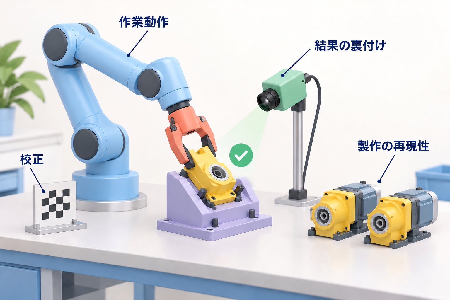 検査カメラ、計測用基準、複数台の製作確認に向けて整列した組立品を備えたロボット挿入セル。