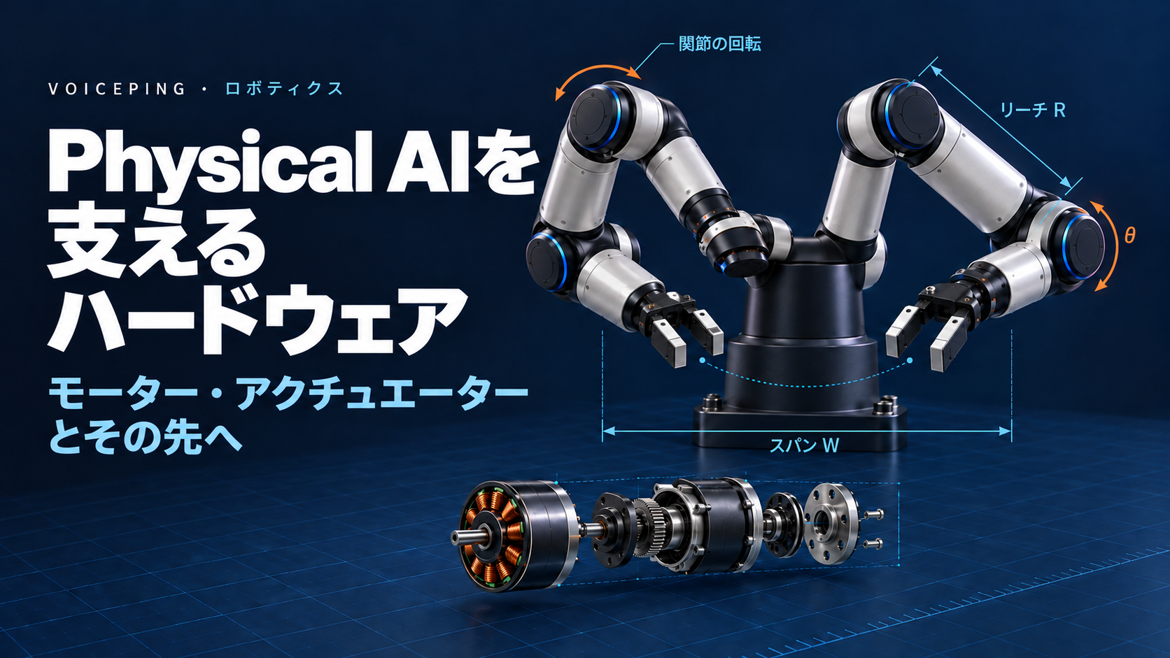 リーチ、スパン、関節回転の注釈が付いた双腕ロボットの概念図。下にはモーターと伝達機構の分解図。