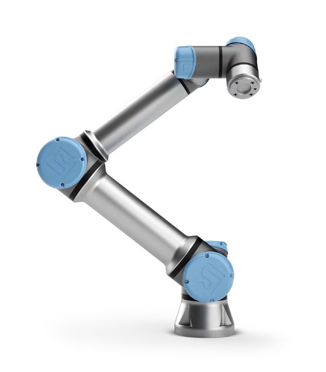 銀色のアーム、青い関節カバー、ベース、ツールフランジを備えたUniversal Robots UR5e全体の公式製品レンダリング。