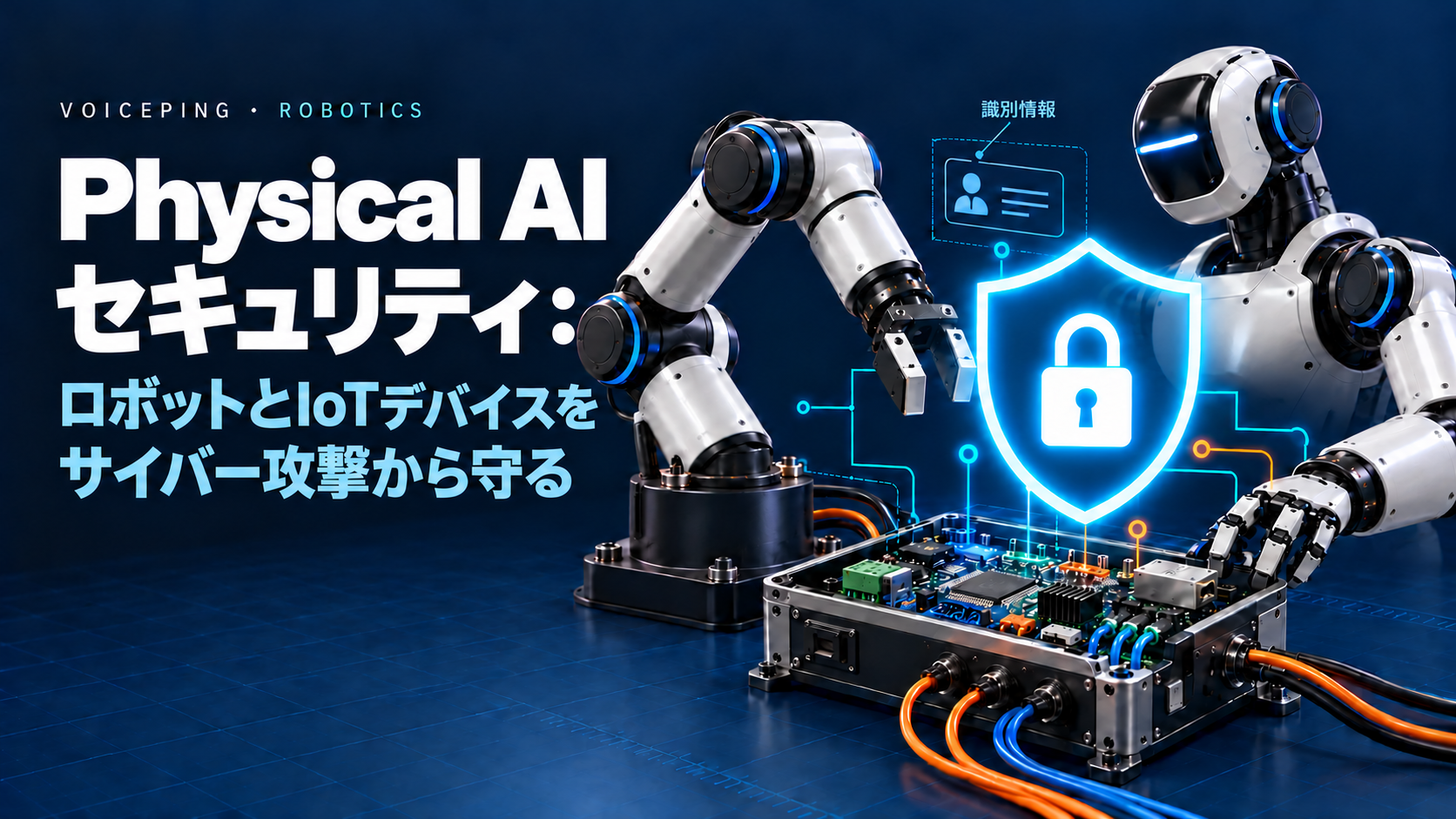 Physical AIのセキュリティ:ロボットとIoTデバイスをサイバー攻撃から守る。暗いエンジニアリンググリッド上で、産業用ロボットアーム、ヒューマノイド、コントローラーが大きなシアン色の盾を囲む。