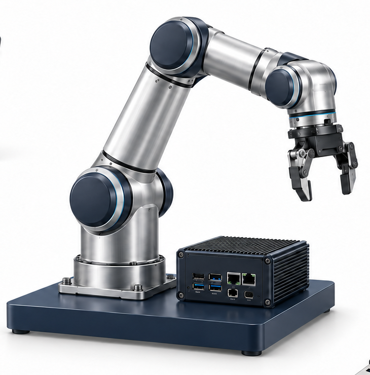 インターネットから隔離された環境内のロボットアームとエッジコントローラーのイメージ。